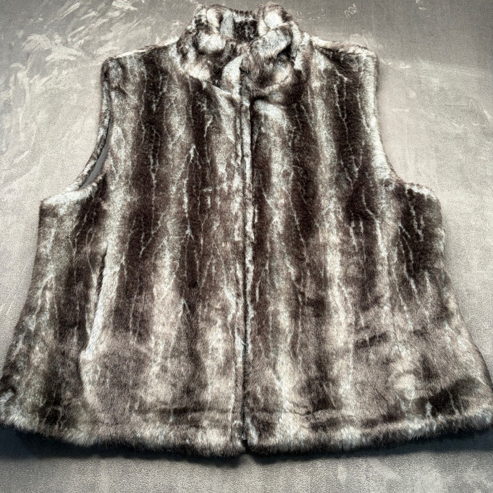 Vtg Blassport Reversible Vest Womens L Gray Stripe Faux Fur Zip Y2K Mob Wife New